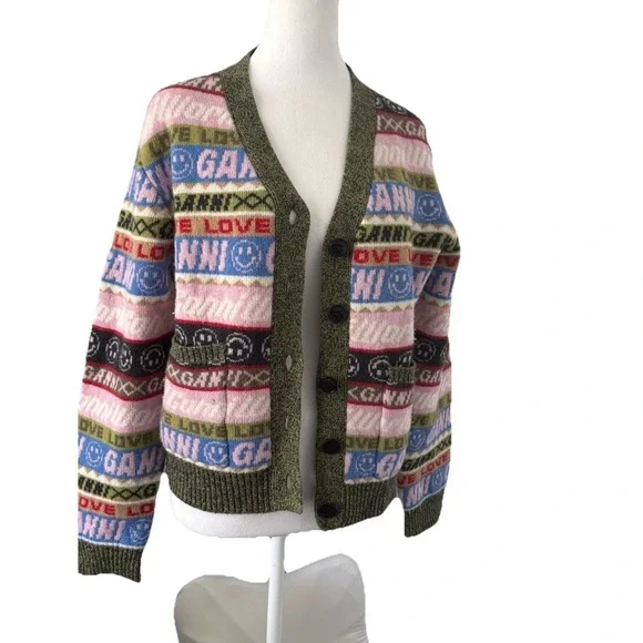 Ganni Multicolor Graphic Knit Cardigan Sweater large - Picture 3 of 7